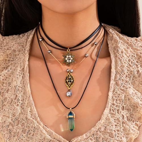 Layered Boho Necklace for Women Stacked Crystal Chain Necklace Sun Pendant Hippie Boho Choker Jewelry3