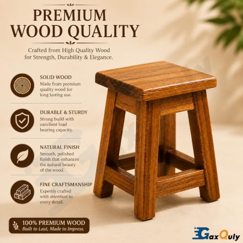 Image of Teakwood Mini Wooden Stool Plant Stand, Small 9.5cm Decorative Pedestal Risers, Handcrafted Teak Wood Candle & Accessory Display Holder for Tabletop Home Decor (Brown, 2pcs)