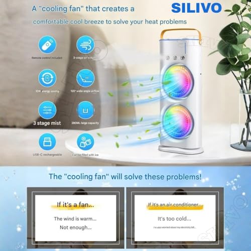Image of Mini Cooler Double Fan, 2026 USB Rechargeable 3-Speed Quiet Dual Spray Fan, Air Cooler with LED, Remote & 280ml Tank for Home, Office, Energy Saving by SILIVO