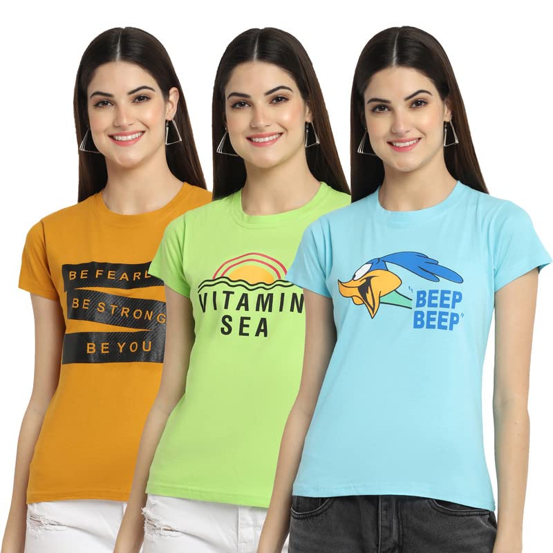 Image of Preneum Women's Cotton Regular Fit Graphic Stylish Printed Short Sleeves Casual T-Shirt || Trendy & Style (Pack 3)