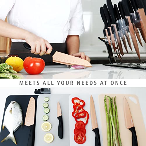 Hecef 25 Pcs Rose Gold Titanium Plated Kitchen Knife Set With Block And Cutting Mats, Cutlery Knife Set With Sharp Serrated Steak Knives, Boning Knife, Scissors, Sharpener, Peeler And Acrylic Stand #TOP5