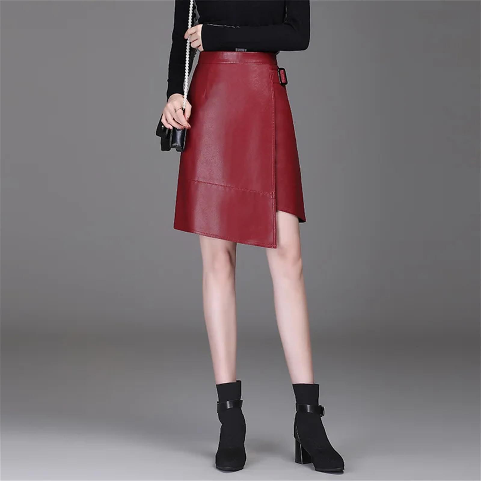 Falda corta asimétrica de piel sintética para mujer, falda sexy hasta la rodilla, falda de invierno para mujer