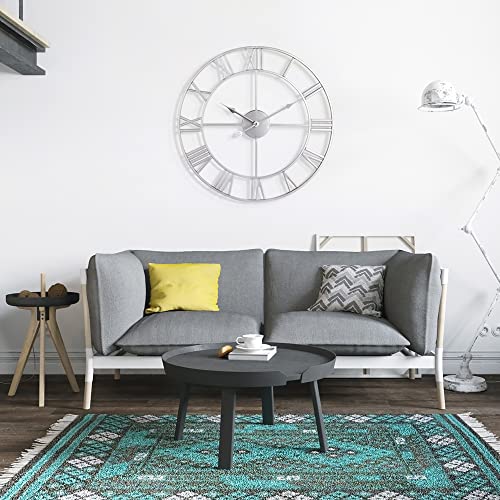1St Owned Large Wall Clock Silent Non-Ticking Roman Numerals Vintage Battery Operated (24 Inch,18Inch,16Inch) Farmhouse Wall Clock For Living Room, Bedroom, Kitchen, Cafe Decor-Silver 40Cm #TOP5