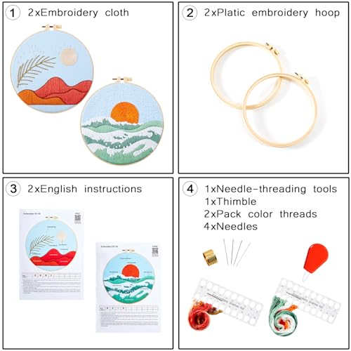 Image of Armindou Hand Embroidery Starter Kit for Beginners Adults, Counted Cross Stitch kit for Adult Beginner, Stamped Embroidery Needlepoint Kit, 2 Set Embroidery Supplies, 2 Hoops (Attached Video Tutorial)
