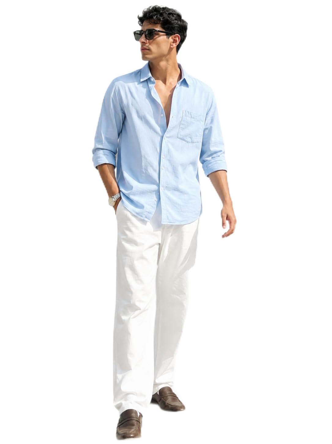 Men's White Cotton Blend Regular Fit Trousers with Drawstring-picture-24