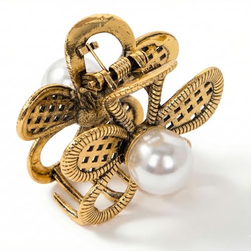 Image of Radhu & Kabby Metal Flower Pearl Hair Claw Clip Pack | Black, Silver & Gold Mini Floral Claw Clips for Women | Strong Grip Stylish Vintage Pearl Center Hair Accessories | Pack of 3