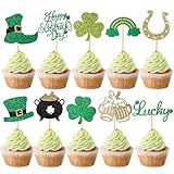60 Pcs St.Patrick's Day Cupcake Toppers,Glitter Lucky Three Leaf Shamrock Cupcake Picks Hat Horseshoe Cupcake Decorations for Irish St Patrick's Day Party Favor Supplies