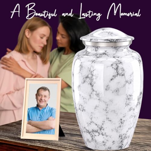 Image of White Cremation Urns for Human Ashes Adult Female & Male with Customizable Medallion | Elegant White Marble Finish Metal Memorial Urn for Men & Women | Decorative Funeral Urns - Large, 220 lbs