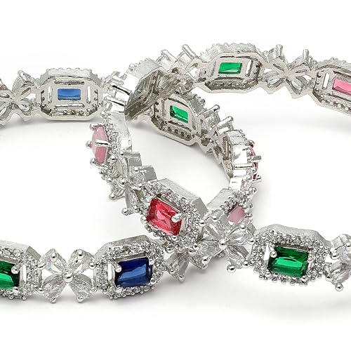 Rhodium-Plated Silver Toned AD Square Shaped Bangle Set (Design_04)