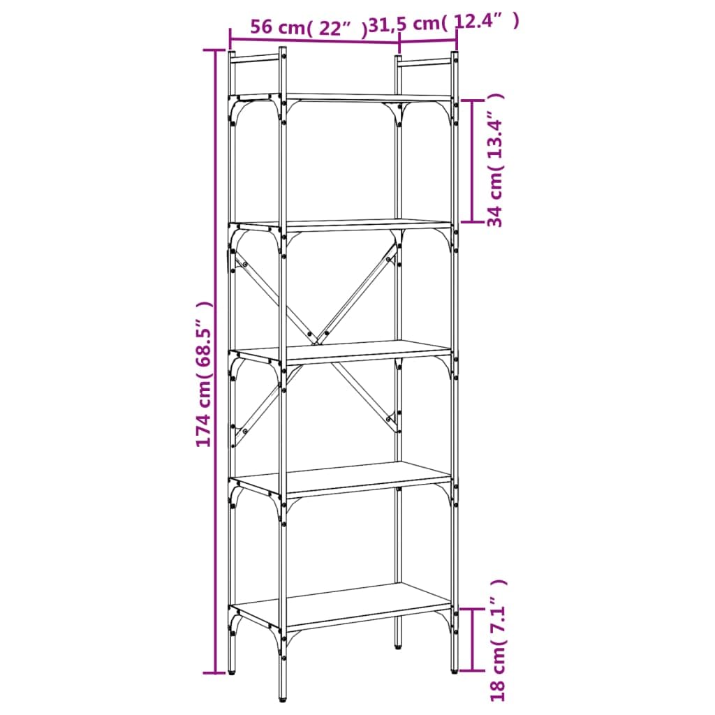 Bücherregal 5 Fächer Schwarz, Holzwerkstoff mit Metallrahmen, 56x31,5x174 cm, Standregal und Regalsystem für Büro Wohnzimmer Schlafzimmer, Stauraum und Ablage