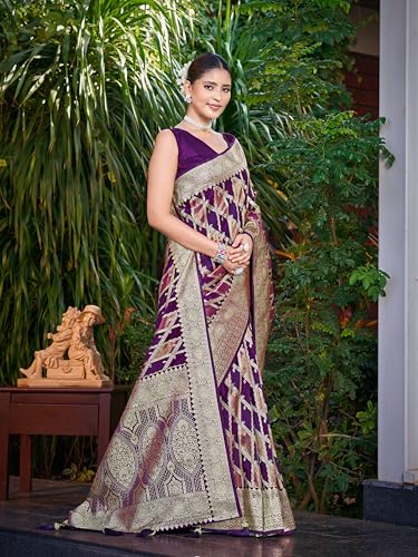 Image of MANOHARI Women's Trendy Banarasi Satin Silk Woven Saree with Heavy Jacquard Work, Elegant Design with Matching Lace Border Unstitched Blouse Piece for Weddings & Festive Occasions