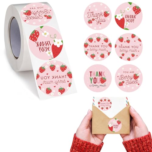 500 PCS Strawberry Thank You Stickers Roll Pink Fruit Decorative Decal Roll 6 Designs Strawberry Thank You Decals Self Adhesive for Card Candy Cookie Bag Giftwrap Party Supplies Sealing Labels