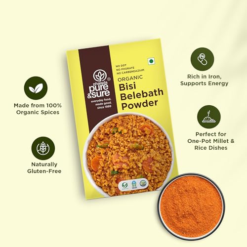 Image of Pure & Sure Organic Bisi Belebath Powder 300G | 100% Authentic South Indian Aromatic Rasam Flavor | Ready to Use, Instant Mix | Chemical Free & Pesticides Free (100g x Pack of 3)