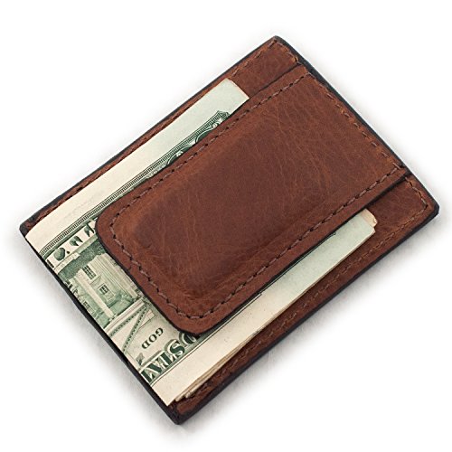 Brown Genuine Cowhide Leather Magnetic Money Clip 3 Card Wallet USA Handmade