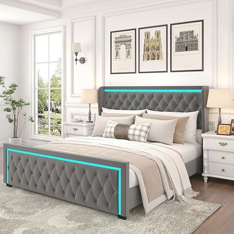 DESIGNER97 King Platform Bed Frame with High Headboard Velvet Upholstered Bed Deep Tufted Buttons Adjustable Colorful LED Light Decorative Headboard Wide Wingbacks, Grey Cover