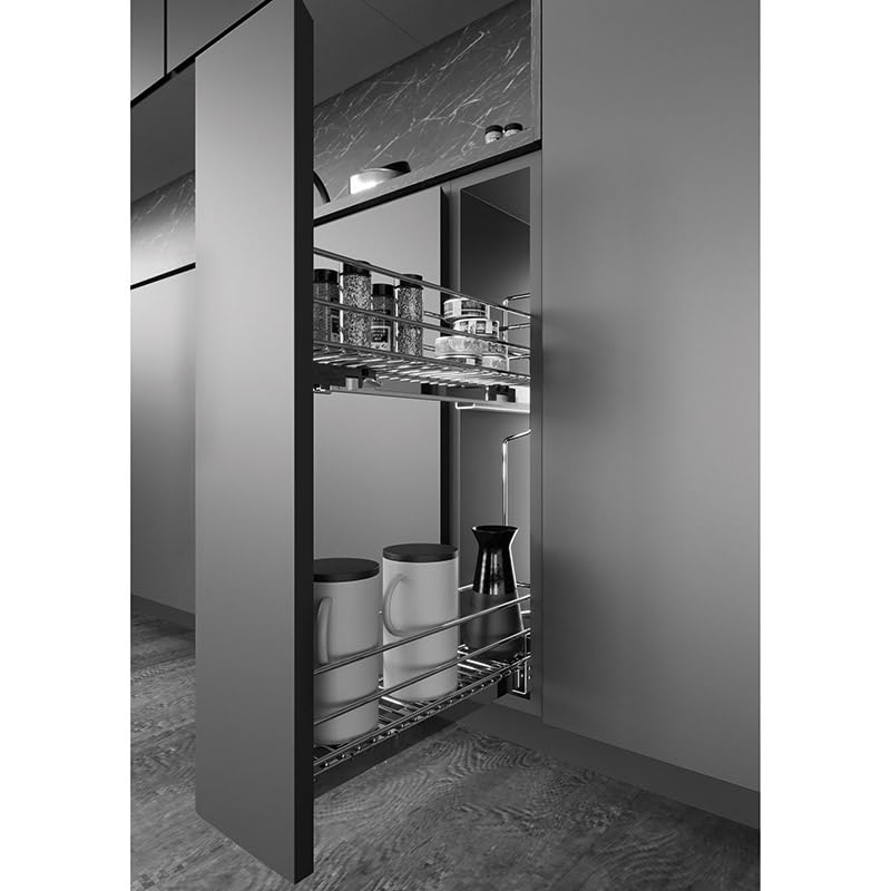 Rangement coulissant étroit pour meuble bas - 2 niveaux - Sens : Gauche - Décor : Chromé - Matériau : Acier - Hauteur : 520 mm - Pour caisson de largeur : 150 mm - Charge : 25 kg - Sortie : Totale - A