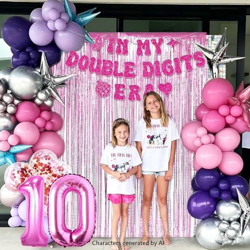 Image of 10th Birthday Decorations Pink In My Double Digits Era Banner Double Digits Birthday Happy 10th Birthday Decorations for Number 10 Balloon Girls Boys Double Digits Party Supplies