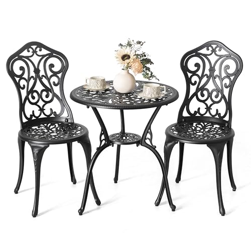 NUU GARDEN 3 Pieces Patio Bistro Set, Outdoor Bistro Set with 2 Chairs, Round Table with Umbrella Hole, All-Weather Outdoor Patio Bistro Set for Garden, Lawn, Poolside, Porch, Black