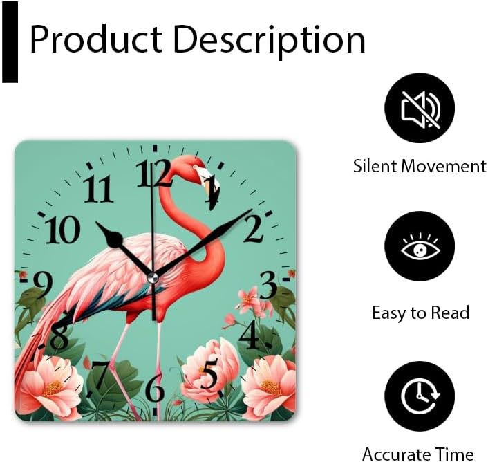 Battery Operated Wall Clocks Beautiful Pink Flamingo in The Style of Art Silent Non-Ticking Decor Clock with Photo for Bathroom,Office(14inch)