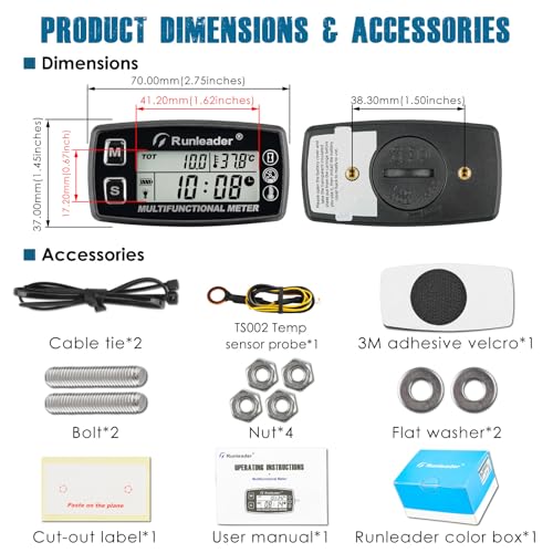 Runleader Digitaler Drehzahlmesser,Motortemperaturanzeige,Alarm RPM und Temp,Hintergrundbeleuchtung für Rasentraktor Kompressor Generator Schneemobil Marine Jet Ski Pit Bike
