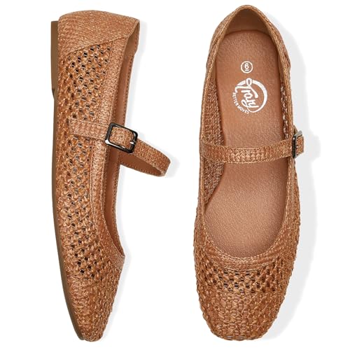 Image of Trary Mary Jane Shoes Women Woven Flats for Women Dressy Ballet Flats Squared Toe Mary Jane Flats Shoes