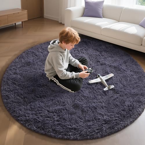 EVOIONOS Grey Purple Round Rug for Bedroom, 5x5 Ft Fluffy Soft Circle Area Rugs for Living Room, Plush Shaggy Circular Carpet Indoor Floor Bedside Kids Nursery, Machine-Washable Home Decor Aesthetic