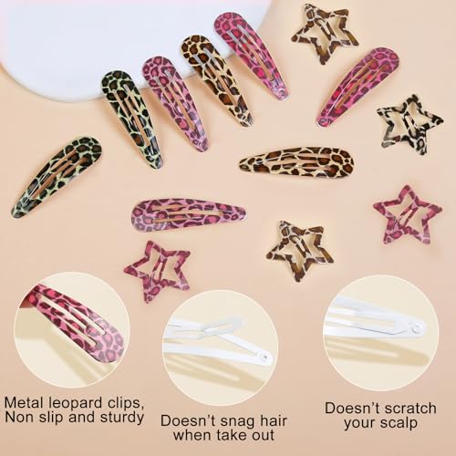 Metal Snap Hair Clips,8 Pairs Hair Barrettes for Women - Star & Water Drop Hair Barrettes, Non-Slip Y2K Accessories for Thin Thick Hair,Pink and Brown Leopard Print - Thumbnail 3