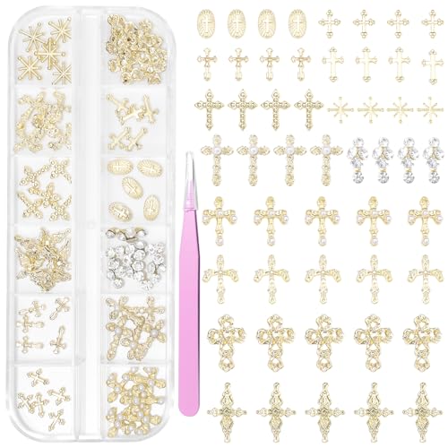 60 Pcs Gold Coss Nail Charms 12 Styles 3D Cross Gold Nail Charms Crosses Star Nail Charm and Gems Mixed Crosses Golden Charm for Acrylic Nails Y2K DIY Accessories