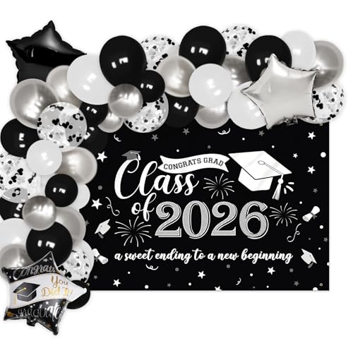 Class of 2026 Black & White Graduation Photo Backdrop Banner And Balloons Garland Decoration Kit Congrats Grad Middle High College School Commencement Party Center Photography Background Ideas
