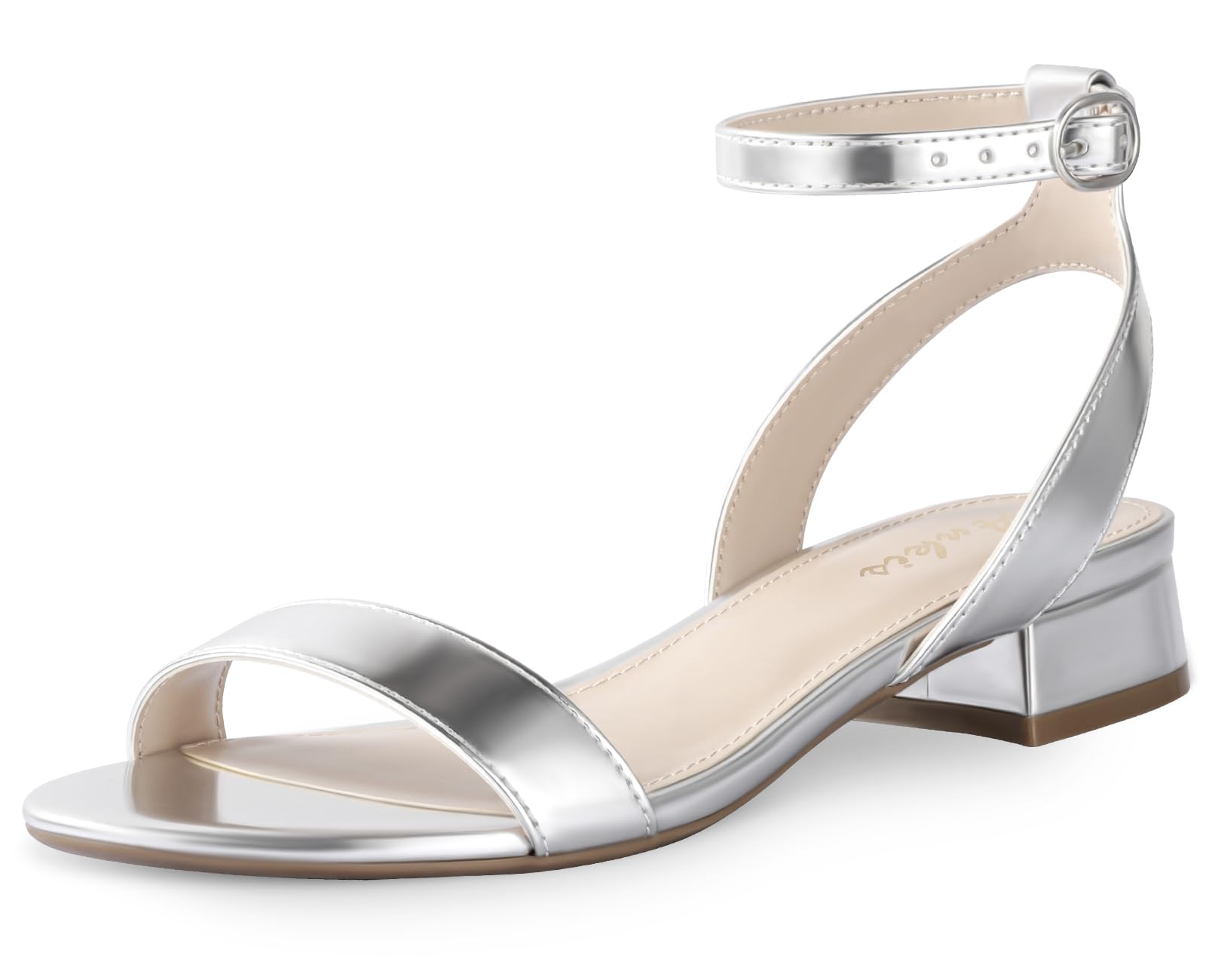 Ankis Women Nude White Gold Black Sandals Open Toe 1 Inch Low Block Heel | 1-inch short heel, adjustable ankle strap, 5mm latex cushioned insole, comfortable walking, for wedding, dressy, formal event