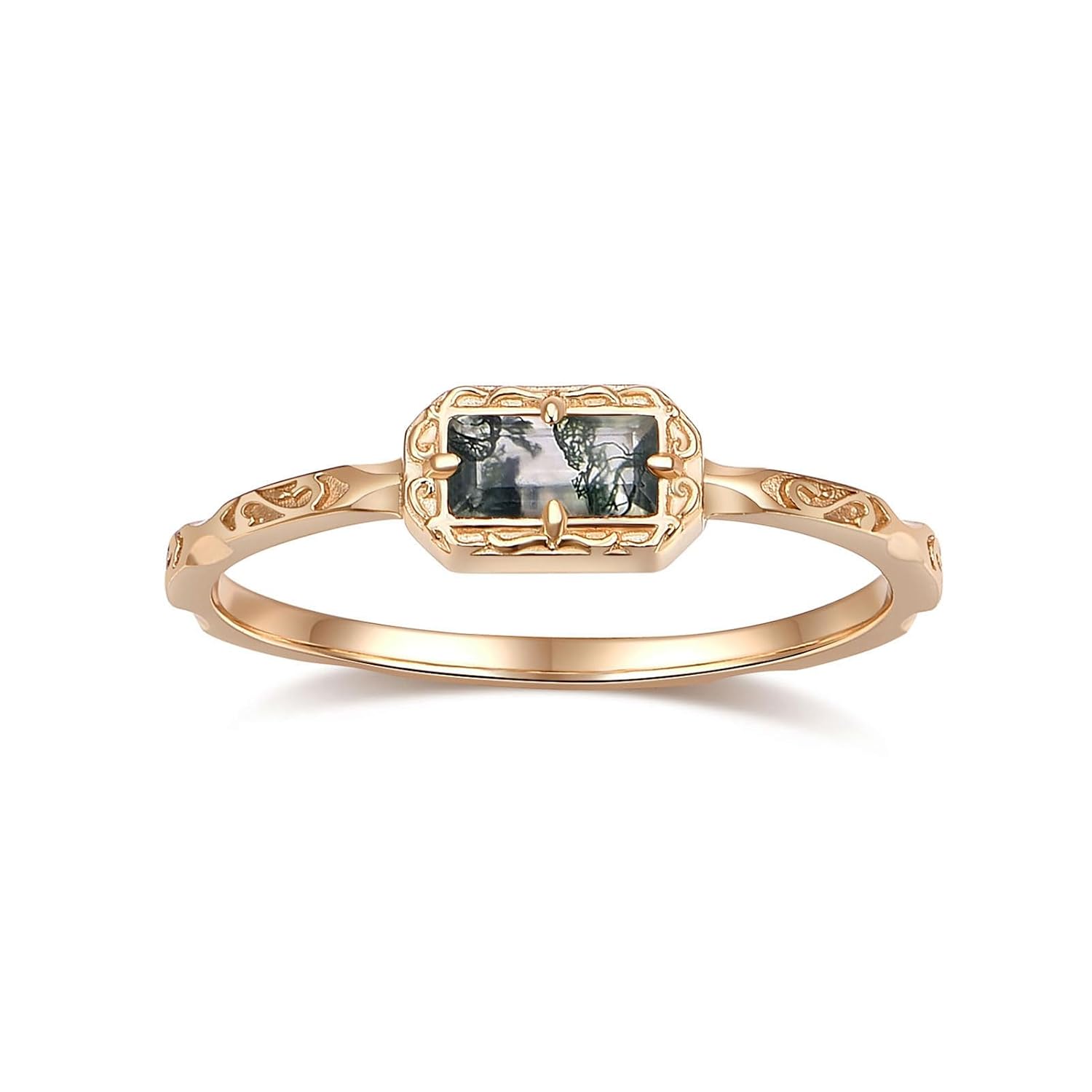 Baguette Wedding Band for Women Solitaire Cubic Zirconia Opal Pink Sapphire Moss Agate Stacking Rings Vintage Filigree Dainty Promise Rings Anniversary Jewelry