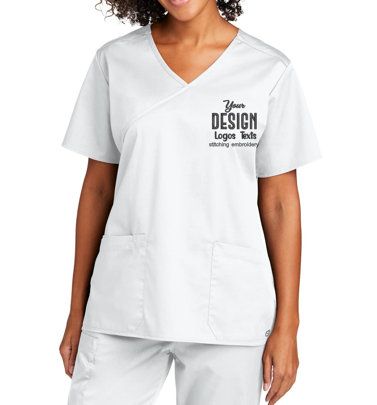 INK STITCH Women Custom WW4760 Women Custom Embroidered Logo Texts V Neck Wrap Scrub Shirts - White (M)