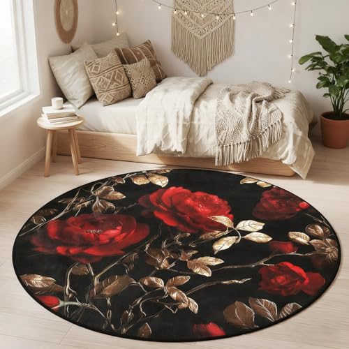 Tapete redondo vintage floral rojo y negro 182 cm miniatura 5