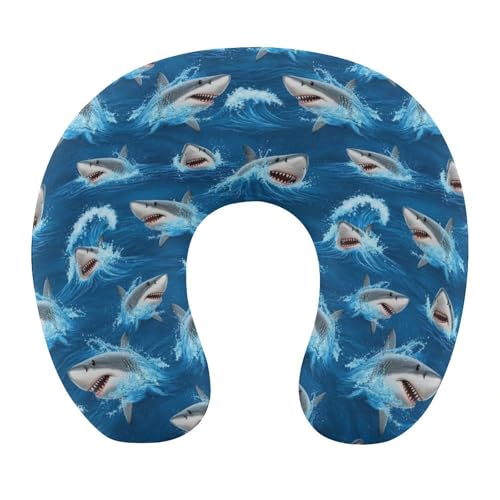 Image of Travel Neck Pillow Memory Foam Chin Cushion Ocean Sea Shark, Washable Cover for Men Women Youth Airplane Car Pain Relief
