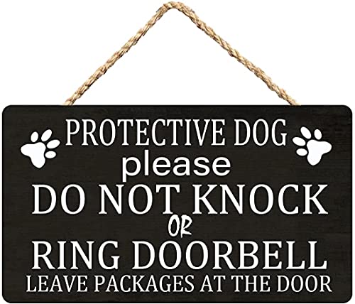 RIFOSA Wood Signs for Home Decor Protective Dog Please Do Not Knock or Ring Doorbell Leave Packages at The Door Wooden Sign Plaque Door Wall Hanging Decorations 10x5 inch (Wood Color)