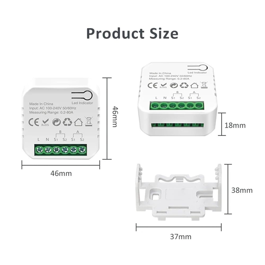 Medidor de Potencia Inteligente Tuya Wifi con Abrazadera para Transformador de Corriente, Medidor de Energía de 2 Canales 80A, Vatímetro para Hogar Inteligente