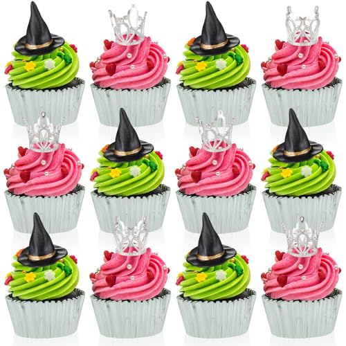 Geelin 12 Pcs Witch Hat Cupcake Topper Crown Tiara Cupcake Topper Dessert Food Safe Cake Decorations for Cakes Birthday's Celebrations Princess Themed Party Decorations