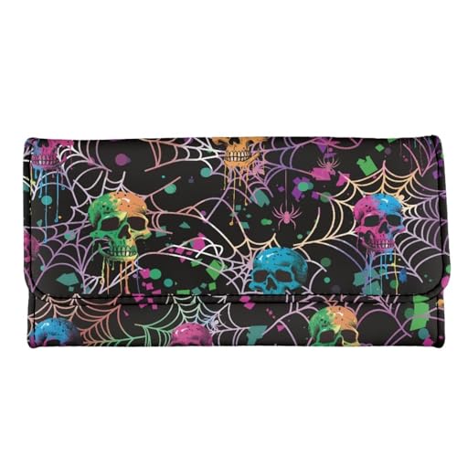 Image of AFPANQZ Colorful Skull Spider Web Leather Wallets for Women RFID Blocking Checkbook Wallet with Cit Card Slots Phone Holder Zip Pocket, Buckle Closure, Ladies Purse