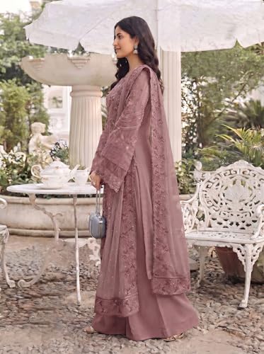 Image of RUDRAPRAYAG Women's Georgette Fabric Wih Embroidered Sequence Work And On Neck Moti Hand Work Semi Stitched Sharara Salwar Suit With Dupatta Set