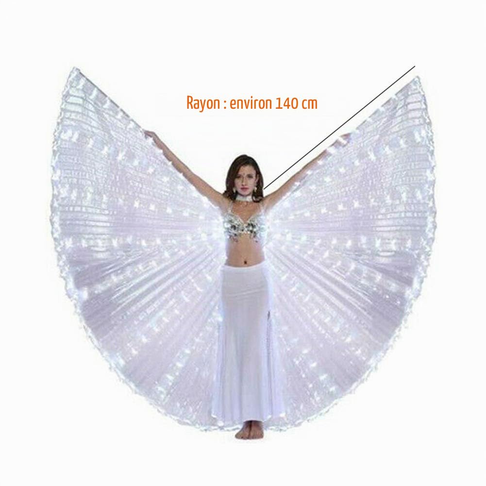 QOTSTEOS Ailes LED pour adultes, Ailes en Forme de Papillon LED Isis Wings Glow Light Up Belly Danse Costumes, Adultes Ailes d'Isis LED Danse Pratique Objets de Scène avec Bâtons et Sac(Blanc)