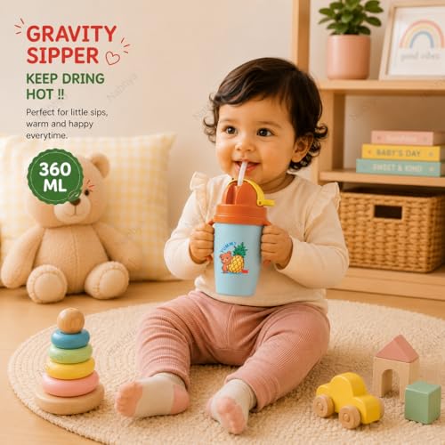 Image of Nabhya Inner Stainless Steel & Outer Plastic 360ml BPA-Free Cute Animal Design Baby Sipper Kids Water Bottle with Straw and Side Handle for Kids (Blue)