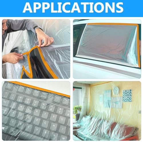 LLPT Abdeckfolie Klebeband mit Folie | 3 Packungen | Maler-Abdeckplane aus Kunststoff für Autowände Möbel Lackierungen und Spritzschutz (MFT551427OR) | Orange 3 Größen (55 cm + 140 cm + 270 cm)