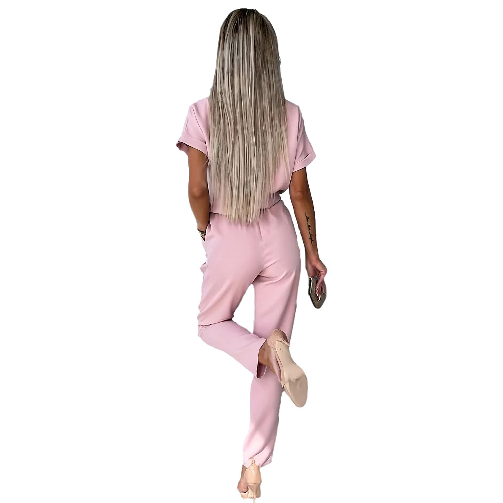 amropi Mono de Manga Corta para Mujer Cuello V Mono de Verano Elegante Pantalones con Cinturón