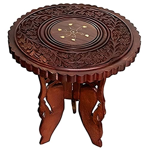 Image of Sheesham end Table /Stool with Antique Polish Multipurpose Coffee Stand Table (3 Legged Fold, 12 Inches)