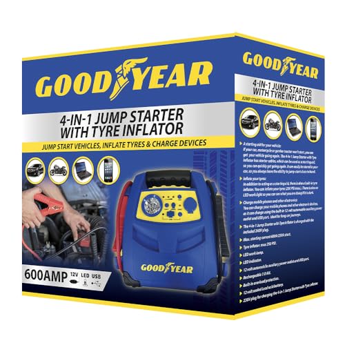 Goodyear 4-in-1 Jump Starter With Air Compressor | Portable Battery Pack, Led Light, And USB Power Bank| Powerful 1200a Peak Current, Ideal For Cars, Trucks, And Motorcycles | Versatile Emergency Tool