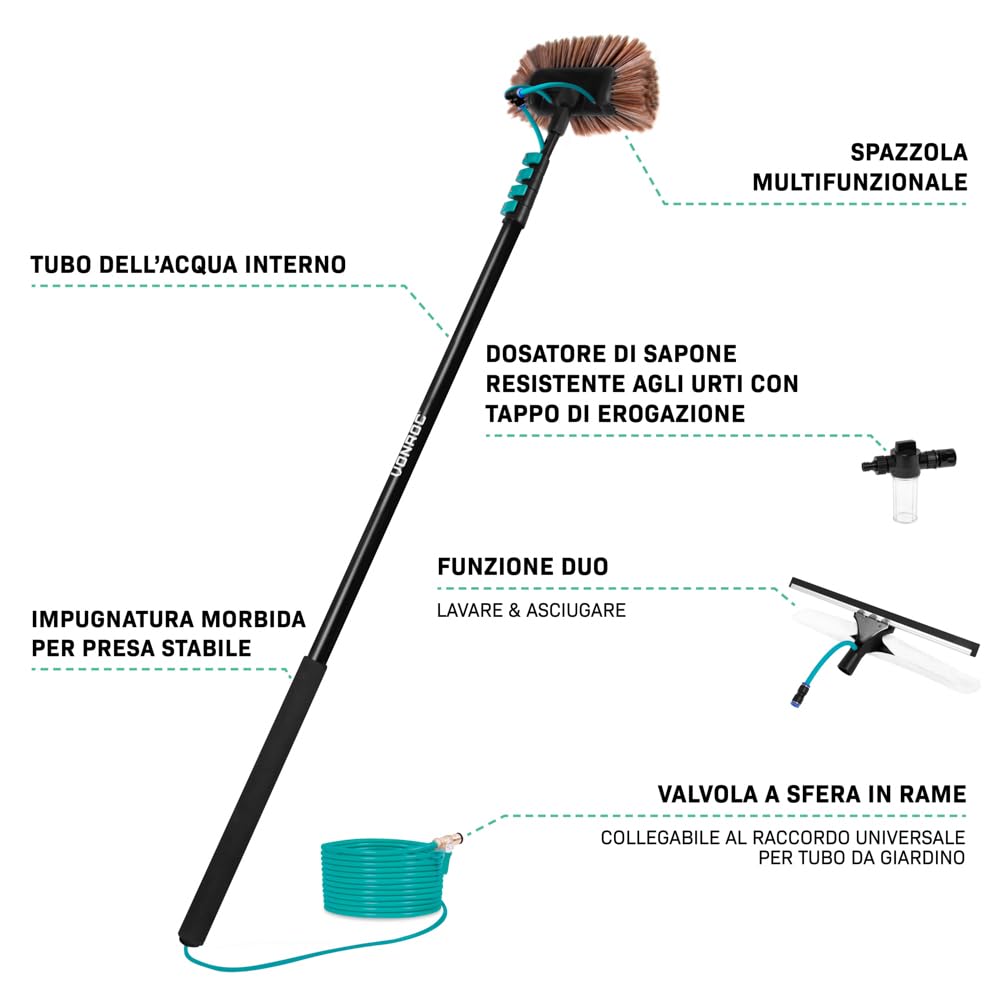 VONROC Kit Pulizia Pannelli fotovoltaici, 6,5m, + Filtro ad Acqua Pura di – Pulizia Senza Aloni per Vetri, Auto, Camper e Pannelli Solari – con Resina 4.5L, TDS Meter, Dosatore Sapone