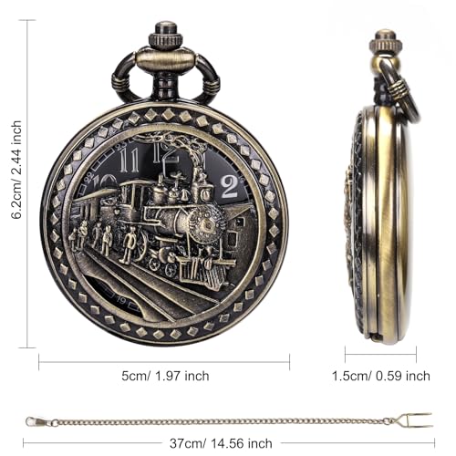 Image of SIBOSUN Antique Men Pocket Watch with Chain Oversized 50MM 1.96 Inch 3D Locomotive Steam Train Railroad Hollow + Box