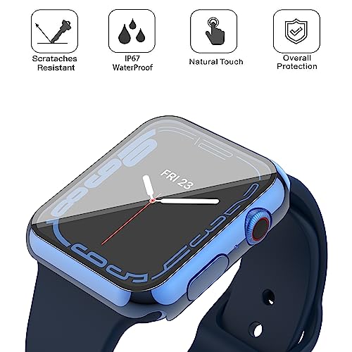 Image of Misxi [2 Pack Waterproof Anti-Scratch Case with Button for Apple Watch Series 9 (2023) Series 8 Series 7 41mm, Hard PC Cover with Tempered Glass Screen Protector for iWatch, 1 Blue + 1 Transparent
