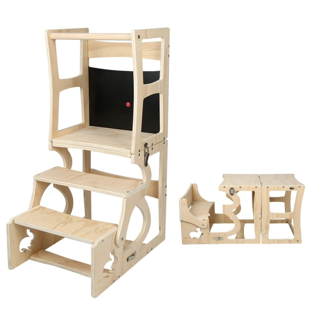 Tour d Observation Enfant,Tour d’Observation Montessori 3 en 1 avec Tableau,Meuble Évolutif Sécurisé,Bois Écologique,Design Robuste pour l’Autonomie et l’Éveil à la Maison