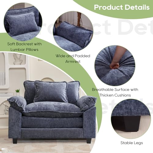 Image of Oprisen Modular Sectional Sofa, Comfy Cloud Couch Sectional Sofa, Chenille Sofa Sleeper Deep Seat Sofa with Throw Pillows for Living Room (Blue, 53 inch- Single Seat)